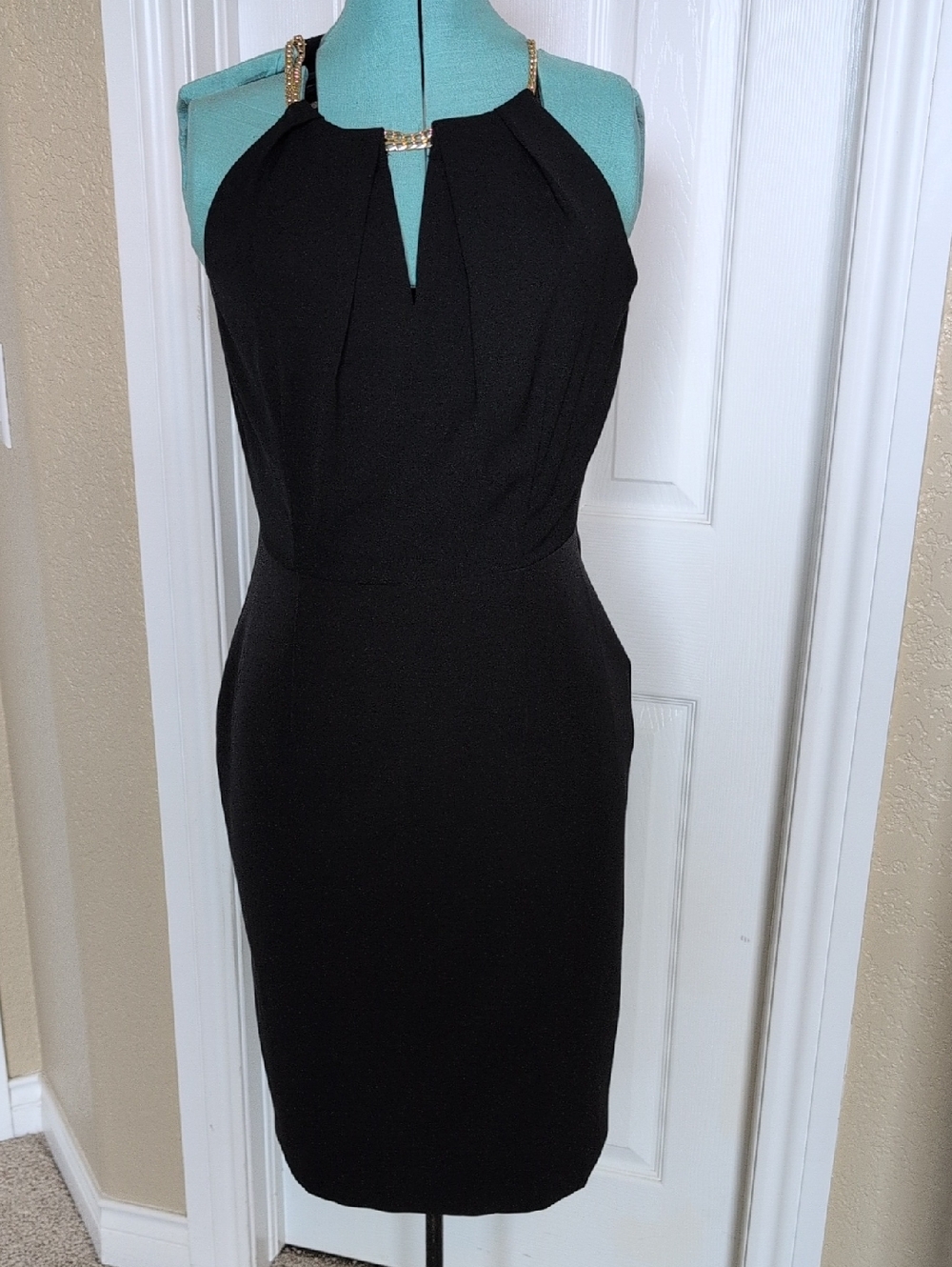 Ashley Graham Black Halter Midi Dress with Gold Chain Straps
